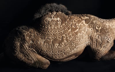 Camel adorned with traditional fur-carving patterns inspired by the decorative grooming traditions of Rajasthan. Photo: Assouline