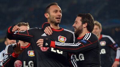 Omer Toprak celebrates after scoring Bayer Leverkusen's only goal in a Champions League victory on Tuesday night that put them through to the last 16. Federico Gambarini / EPA