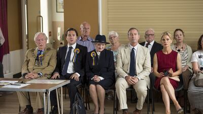 The Casual Vacancy cast, front row, from left, Sir Michael Gambon, Rufus Jones, Shirley Mollison, Julian Wadham and Emilia Fox. Courtesy Steffan Hill / BBC / Bronte Film and Television Ltd