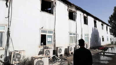 The labour accommodation near Al Reef Villas that was destroyed by a fire on Saturday. Pawan Singh / The National