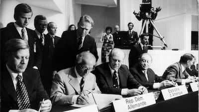 The signing of the Helsinki Accords in the Finland capital in August 1975. The Helsinki process emerged while the East-West rivalry was still alive. Getty