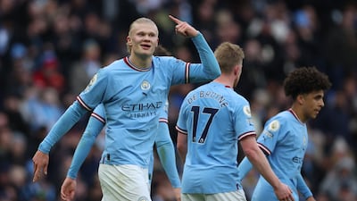 Erling Haaland celebrates scoring Manchester City's first goal in their 3-0 win over Wolves at the Etihad Stadium on January 22, 2023. Reuters