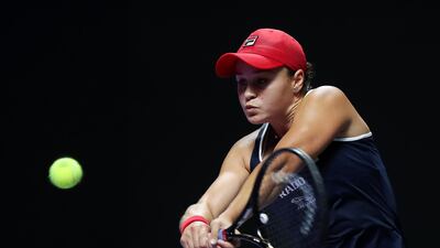 Ashleigh Barty plays a backhand against Petra Kvitova in Shenzhen. Getty Images