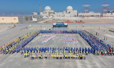 Workers from Barakah nuclear power plant mark 75 million 'safe working hours' last week. Courtesy: Emirates Nuclear Energy Corporation