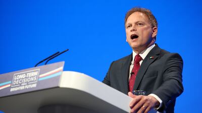 British Defence Secretary Grant Shapps speaks at the Conservative Party Conference in Manchester on Sunday. EPA