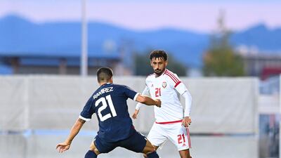 Harib Abdallah takes on Ivan Ramirez during the UAE's friendly against Paraguay in Austria. Photo: UAE FA