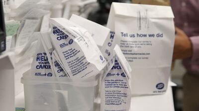 Bags of prescription medicine sit on the counter inside a Boots pharmacy in Britain. Photo: AFP