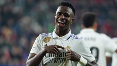 Real Madrid's Brazilian forward Vinicius Junior celebrates after scoring a goal that was later ruled out for offside against Osasuna. Real Madrid won the La Liga match at El Sadar stadium in Pamplona, on February 18, 2023, 2-0. AFP