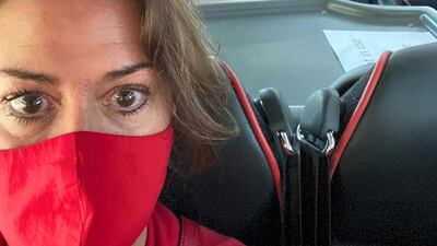 Kathryn Wainwright on board the coach from the airport to hotel quarantine. Courtesy Kathryn Wainwright