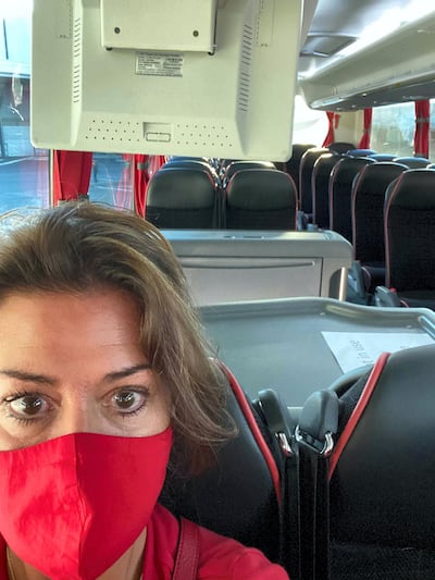 Kathryn Wainwright on board the coach from the airport to hotel quarantine. Courtesy Kathryn Wainwright