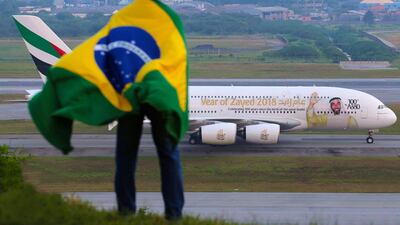 The 100th Emirates A380 Year of Zayed aircraft landed in Sao Paulo. Courtesy Luis Neves / Emirates