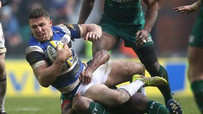Sam Burgess of Bath is tackled during his side's Aviva Premiership match against Leicester on Sunday. David Rogers / Getty Images / January 4, 2015
