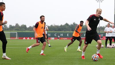 Mason Greenwood, Juan Mata, Fred, Donny van de Beek, Hannibal Mejbri and Aaron Wan-Bissaka at training. Getty