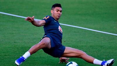 Brazil midfielder Casemiro takes part in a training session at Cidade do Galo, in Belo Horizonte, Brazil, ahead of the 2019 Copa America semi-final against Argentina. The match kicks off at 4.30am Wednesday UAE time. AFP