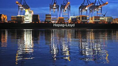 A containership of German shipping company Hapag-Lloyd at the loading terminal Altenwerder in the harbour of Hamburg, northern Germany. AFP