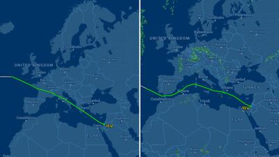 Left, Israeli Prime Minister Benjamin Netanyahu's flight to the US in July, when he flew over France, and, right, his current flight, avoiding France and Spain. Photo: Screen grab / Flightradar