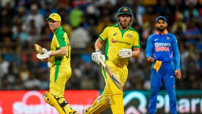 Australia's David Warner, left, and Aaron Finch added 258 for the opening wicket against India at the Wankhede Stadium in Mumbai. AFP