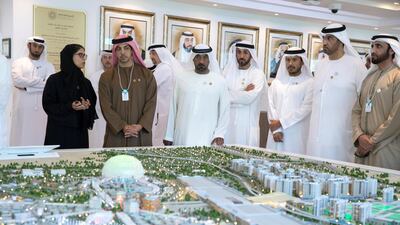 Sheikh Mansour bin Zayed, UAE Deputy Prime Minister and Minister of Presidential Affairs (2nd L), visits the Expo 2020 main office in Jebel Ali. He is seen with Sheikh Ahmed bin Saeed Al Maktoum President of the Department of Civil Aviation CEO and Chairman of The Emirates Group and Chairman of Dubai World (3rd L), Mohamed Mubarak Al Mazrouei, Undersecretary of the Crown Prince Court of Abu Dhabi (4th L), Sheikh Sultan bin Tahnoon, Abu Dhabi Executive Council Member (5th L), Dr Sultan Al Jaber, UAE Minister of State, Chairman of Masdar and CEO of ADNOC Group (6th L) and other executives. Hamad Al Mansoori for The Crown Prince Court