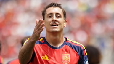 Mikel Oyarzabal celebrates after his two goals saw Spain run out 3-0 winners over Austria. EPA