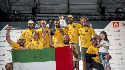 The Abu Dhabi Ocean Racing crew celebrate clinching second in the fourth leg of the Volvo Ocean Race which sent them top of the overall standings. Xaume Olleros / Getty Images