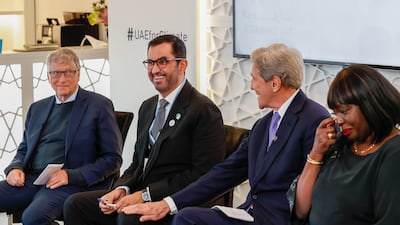Dr Sultan Al Jaber, UAE special envoy for climate change, centre, with Bill Gates, co-founder of Microsoft, left, John Kerry, US climate envoy, and Raychelle Omamo, Kenya’s Minister of Foreign Affairs at Cop26 in Glasgow. Photo: @uaeclimateenvoy
