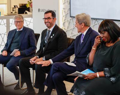 Dr Sultan Al Jaber, UAE special envoy for climate change, centre, with Bill Gates, co-founder of Microsoft, left, John Kerry, US climate envoy, right, and Raychelle Omamo, Kenya’s Minister of Foreign Affairs, far right, at Cop26 in Glasgow. Photo: @uaeclimateenvoy