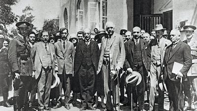 This photo, taken in 1925 in Tel Aviv, shows Arthur Balfour, centre, a former British prime minister and Chaim Weizmann, third right, who eventually became the first president of Israel. AFP