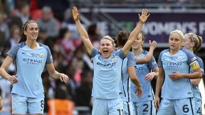 Manchester City’s Izzy Christiansen, centre, celebrates scoring against Birmingham City during the Women’s FA Cup final. Adam Davy / PA