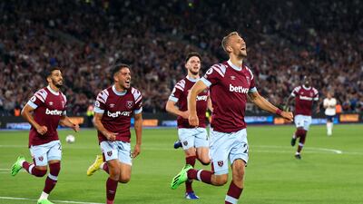 Tomas Soucek leads the celebrations with Said Benrahma, Declan Rice and Pablo Fornals. PA