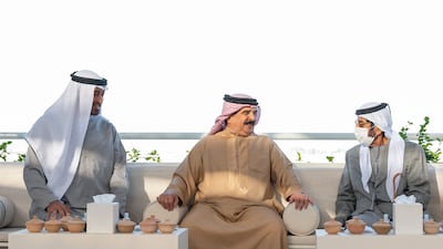 Sheikh Mohamed bin Zayed speaks with King Hamad during a barza, or high-level forum, at the palace, in Abu Dhabi. With them is Sheikh Tahnoon bin Mohamed, Ruler’s Representative in Al Ain Region.