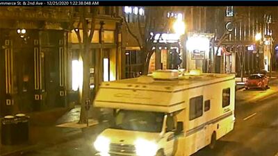 A recreational vehicle that was involved in a blast is seen on Friday, December 25, 2020, in Nashville. Metro Nashville PD via AP