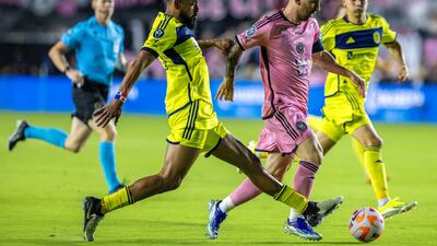 Inter Miami forward Lionel Messi in action against Nashville's Anibal Godoy. EPA
