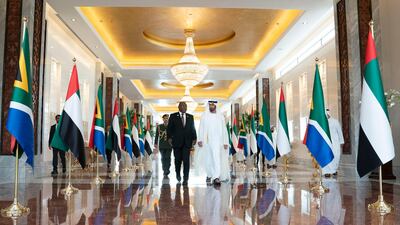 Sheikh Mohamed bin Zayed, Crown Prince of Abu Dhabi and Deputy Supreme Commander of the UAE Armed Forces, receives Cyril Ramaphosa, President of South Africa at the Presidential Airport. Mohamed Al Hammadi / Crown Prince Court