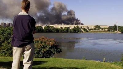Smoke billowing from the Pentagon in Washington, DC after an airplane crashed into it on September 11, 2001. Luke Frazza / AFP