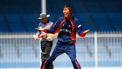 Shakti Prasad Gauchan of Nepal celebrates taking the wicket of Khurram Khan of the UAE during the ACC Trophy Final in 2012. Jake Badger/The National