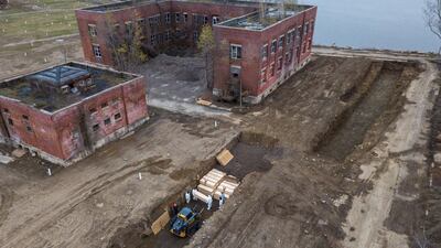Drone pictures show bodies being buried on New York's Hart Island where the department of corrections is dealing with more burials overall, amid the coronavirus disease outbreak in New York City, on April 9, 2020. Reuters