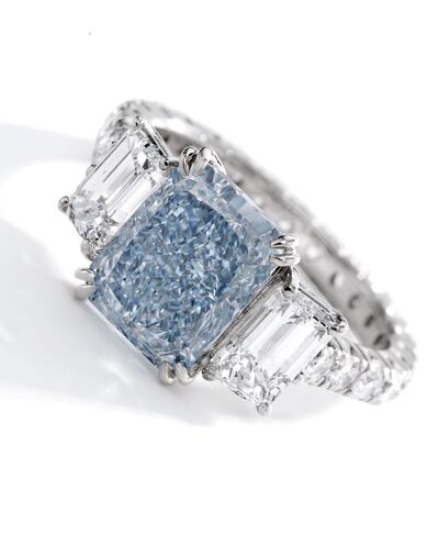 This blue diamond and diamond ring set is worth between $2.5 – $3.5 million. Courtesy Sotheby's