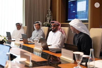 Sheikh Mansour bin Zayed, Vice President, Deputy Prime Minister and Chairman of the Presidential Court; Sheikh Khaled bin Mohamed, Crown Prince of Abu Dhabi; Sheikh Tahnoon bin Zayed, Deputy Ruler of Abu Dhabi and chairman of Adia’s board of directors; and Sheikh Hamed bin Zayed, managing director of Adia, attend an Adia board meeting. Photo: Abu Dhabi Government Media Office