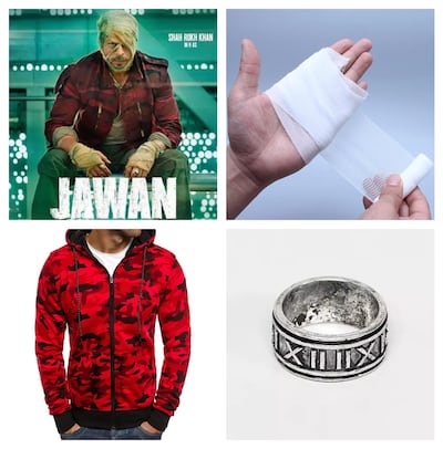 Three-piece elastic bandage, Dh39.20, Tyca at www.amazon.ae; jacket, Dh119, www.fruugo.ae; men’s ring, Dh26.57, www.asos.com. Photos: Red Chillies Entertainment; Asos; Amazon; Fruugo
