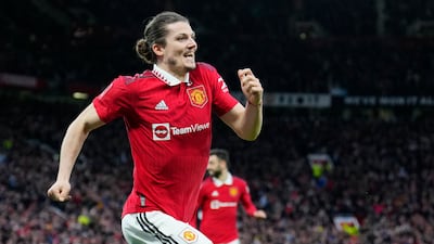 Marcel Sabitzer celebrates after scoring for Manchester United in their FA Cup win against Fulham. AP