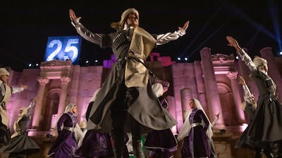 Circassian dancers from Al-Jeel Al-Jadeed Club (the New Generation Club) perform during the 2019 Jerash Festival of Culture and Arts at the Jerash archeological site, Jerash, some 46 km North of Amman, Jordan. EPA