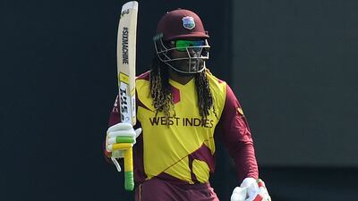 West Indies' Chris Gayle walks in to bat on Saturday. AFP