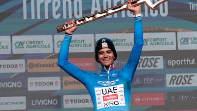 UAE Team Emirates rider Isaac Del Toro after wining the Tirreno-Adriatico. EPA