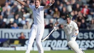Stuart Broad, left, celebrates taking the wicket of Brad Haddin on his way to finish with figures of 11 for 121 during the fourth Ashes Test at Chester-le-Street. Nigel Roddis / Reuters