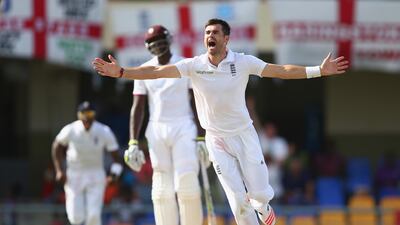 James Anderson of England successfuly claims the wicket of Denesh Ramdin. AFP