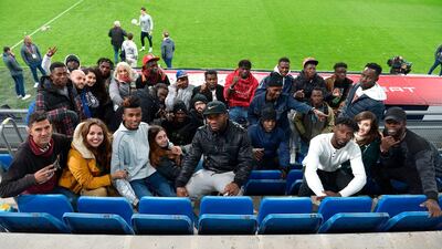 Migrant players of the futsal team 'Dimabali', an association to help migrants of Jerez, at Spain's training session at the Ramon de Carranza Stadium in Cadiz. AFP