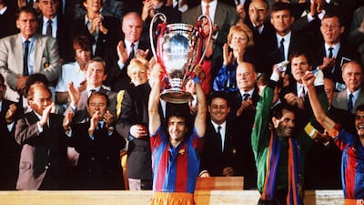 May 1992: Alexanco of Barcelona lifts the European Cup trophy after their victory over Sampdoria in the European Cup Final played at Wembley, London. Barcelona won the match 1-0. Mandatory Credit: Allsport UK/Getty Images