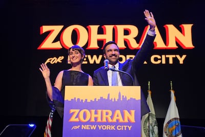 Zohran Mamdani celebrates his election victory alongside his wife, Rama Duwaji. AFP