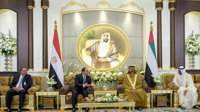 Sheikh Mohammed bin Rashid, Vice-President and Ruler of Dubai, and Sheikh Mohammed bin Zayed, Crown Prince of Abu Dhabi and Deputy Supreme Commander of the Armed Forces, meeting the Egyptian president Abdel Fattah El Sisi in Abu Dhabi in January. Wam