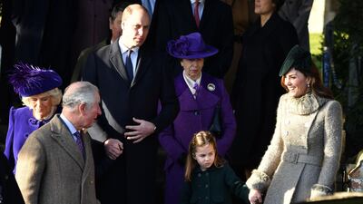 From left: Britain's Camilla, Duchess of Cornwall, Britain's Prince Charles, Prince of Wales, Britain's Prince William, Duke of Cambridge, Britain's Princess Anne, Princess Royal, Britain's Princess Charlotte of Cambridge and Britain's Catherine, Duchess of Cambridge, leave after the Royal Family's traditional Christmas Day service at St Mary Magdalene Church. AFP
